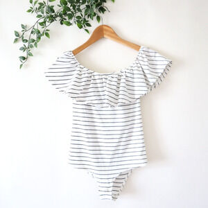 J.Crew Women's White Black Striped Ruffle Trim Bodysuit Size XS Extra Small